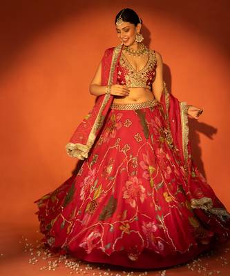 Red embroidered organza Lehenga 3