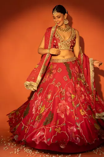 Red embroidered organza Lehenga