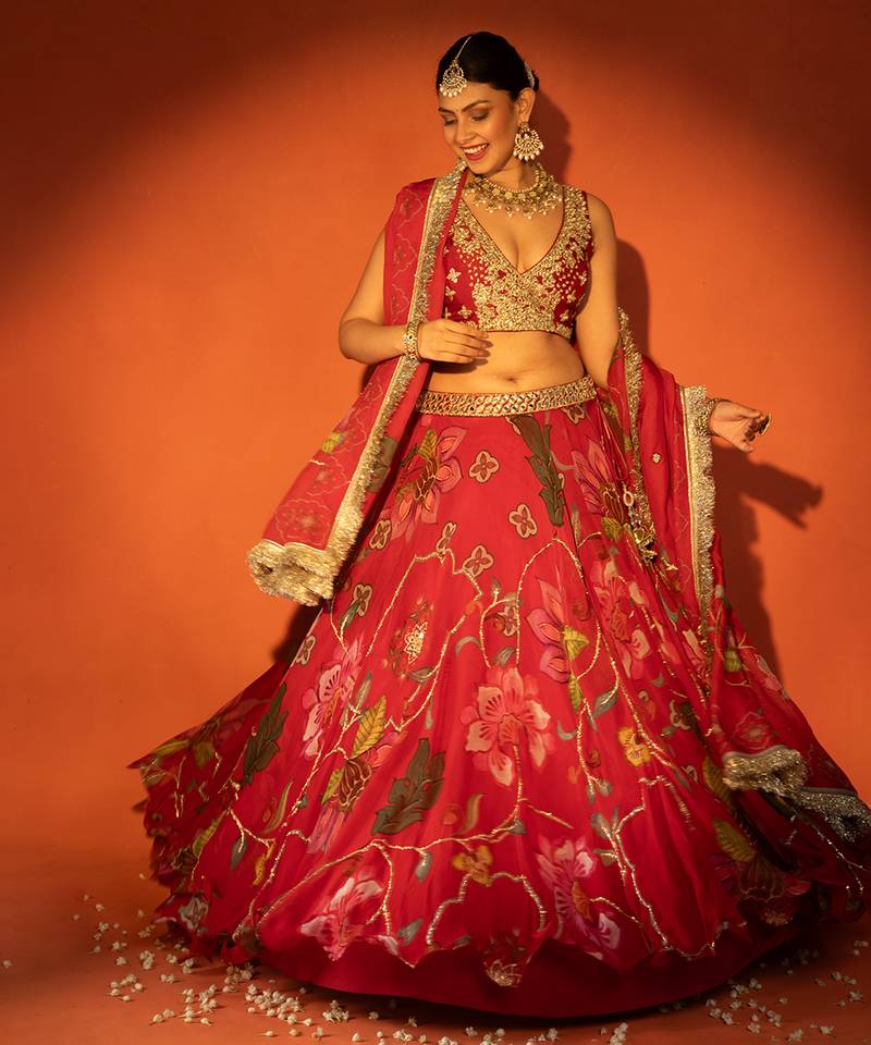 Red embroidered organza Lehenga