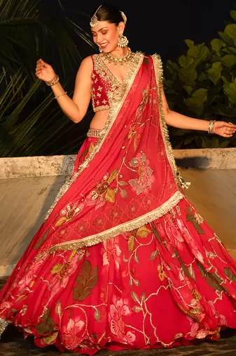 Red embroidered organza Lehenga