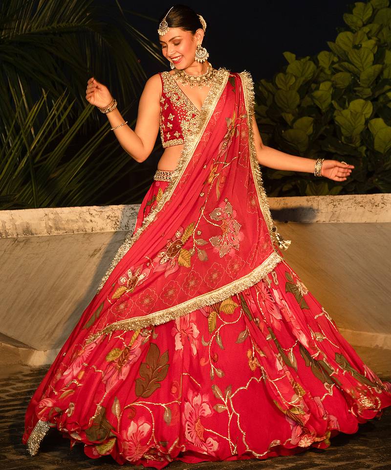 Red embroidered organza Lehenga