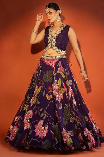 Purple embroidered organza Lehenga
