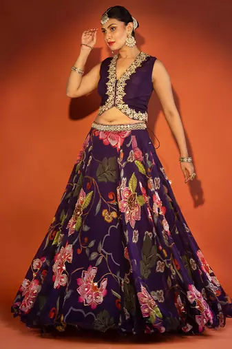 Purple embroidered organza Lehenga