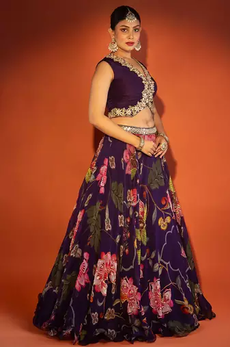 Purple embroidered organza Lehenga