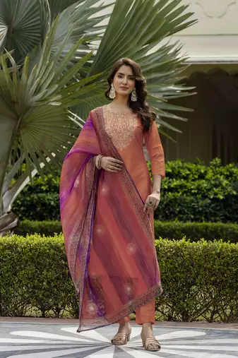 Women Gorgeous Embroidery Rayon Fabric with Straight Kurta, Pant and Dupatta Set