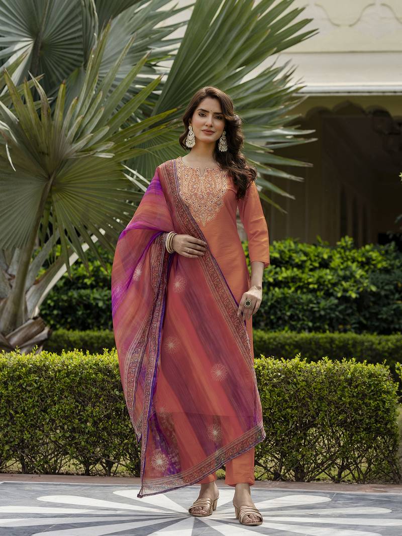 Women Gorgeous Embroidery Rayon Fabric with Straight Kurta, Pant and Dupatta Set