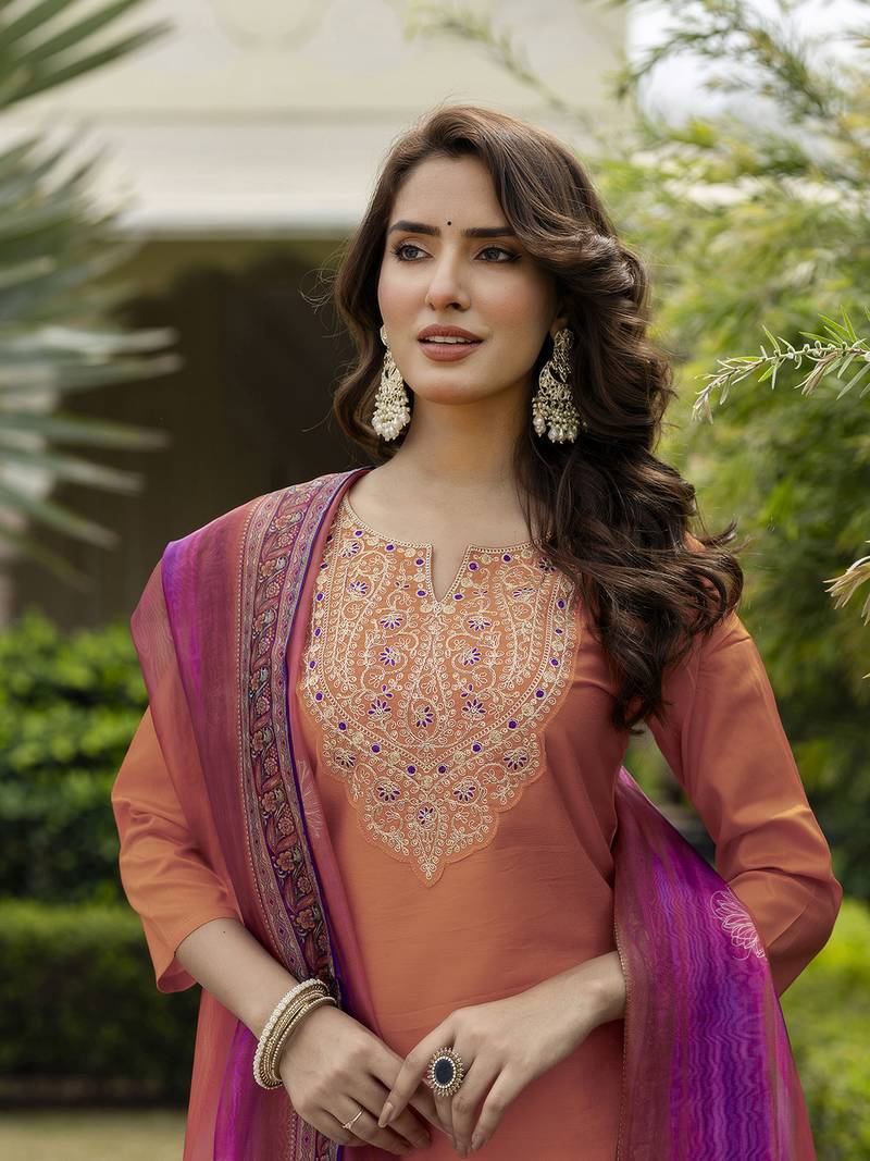 Women Gorgeous Embroidery Rayon Fabric with Straight Kurta, Pant and Dupatta Set