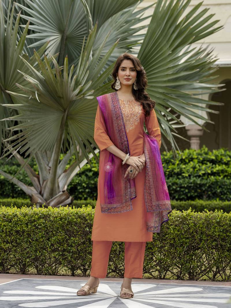 Women Gorgeous Embroidery Rayon Fabric with Straight Kurta, Pant and Dupatta Set
