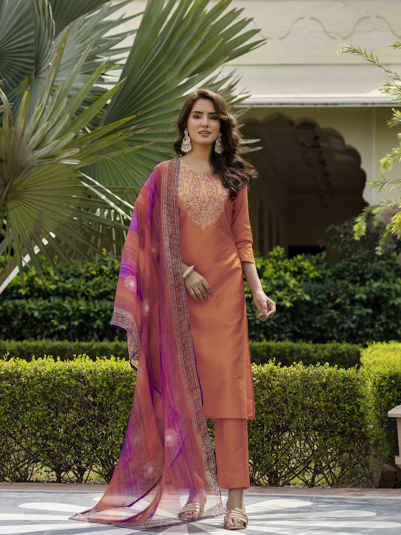 Women Gorgeous Embroidery Rayon Fabric with Straight Kurta, Pant and Dupatta Set