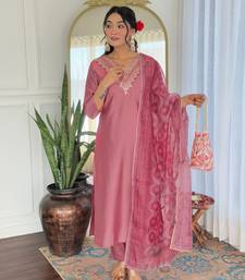 Women Beautiful Embroidery Rayon Fabric with Straight Kurta, Pant and Dupatta Set