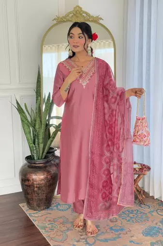 Women Beautiful Embroidery Rayon Fabric with Straight Kurta, Pant and Dupatta Set