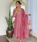 Women Beautiful Embroidery Rayon Fabric with Straight Kurta, Pant and Dupatta Set