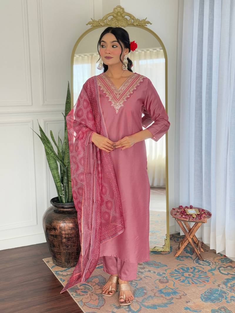 Women Beautiful Embroidery Rayon Fabric with Straight Kurta, Pant and Dupatta Set