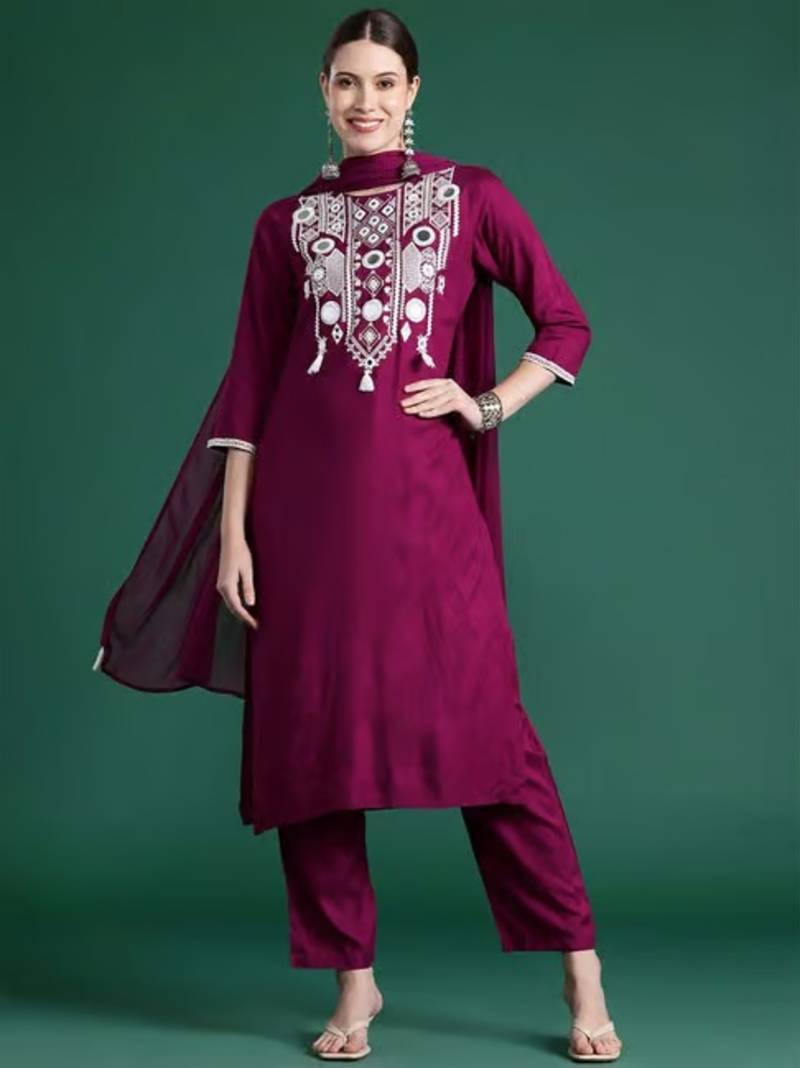 Women Beautiful Embroidery Viscose Chanderi Fabric with Straight Kurta, Pant and Dupatta Set