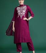 Women Beautiful Embroidery Viscose Chanderi Fabric with Straight Kurta, Pant and Dupatta Set