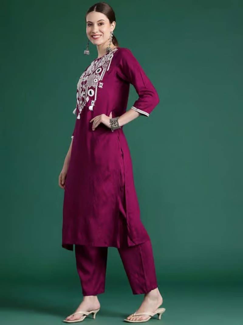 Women Beautiful Embroidery Viscose Chanderi Fabric with Straight Kurta, Pant and Dupatta Set