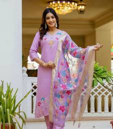 Women's Gorgeous Embroidery work Viscose Gadhwal Fabric Straight Kurta, Pant and Dupatta Set