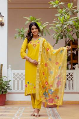Women's Gorgeous Embroidery work Viscose Gadhwal Fabric Straight Kurta, Pant and Dupatta Set 1