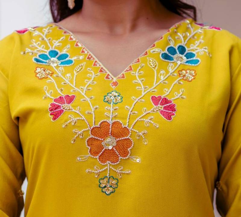 Women's Gorgeous Embroidery work Viscose Gadhwal Fabric Straight Kurta, Pant and Dupatta Set