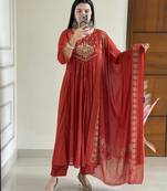 Red printed kurta pant dupatta set