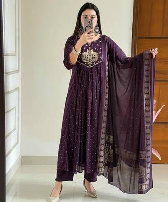 Wine printed kurta pant dupatta set 1