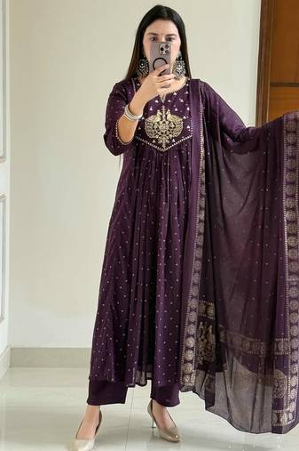 Wine printed kurta pant dupatta set