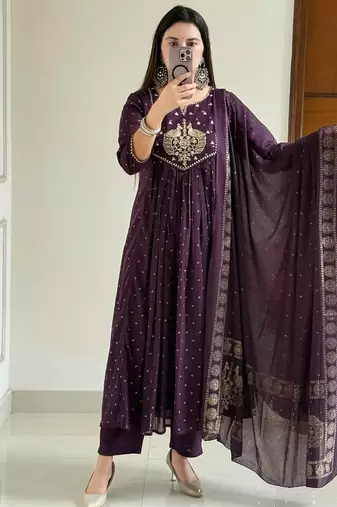 Wine printed kurta pant dupatta set