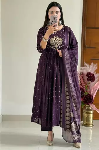 Wine printed kurta pant dupatta set