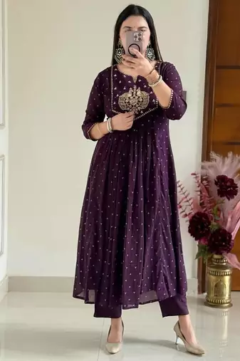 Wine printed kurta pant dupatta set