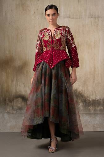 Wine embroidered organza jacket with multicolour skirt