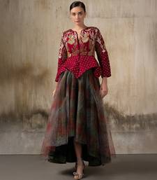 Wine embroidered organza jacket with multicolour skirt