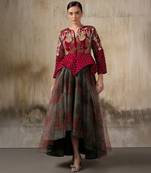Wine embroidered organza jacket with multicolour skirt