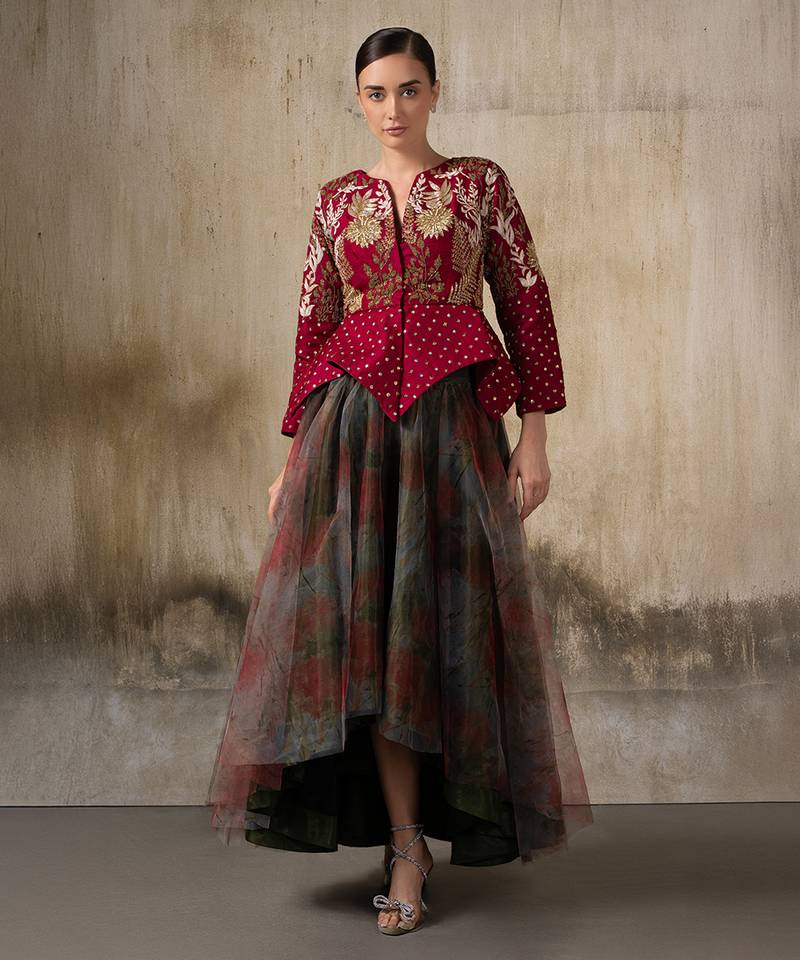 Wine embroidered organza jacket with multicolour skirt