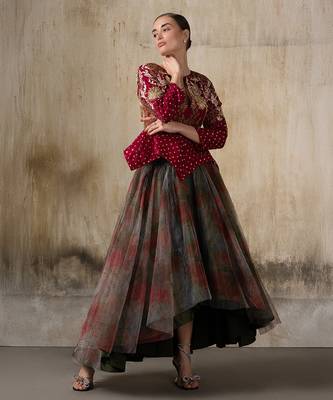 Wine embroidered organza jacket with multicolour skirt 2