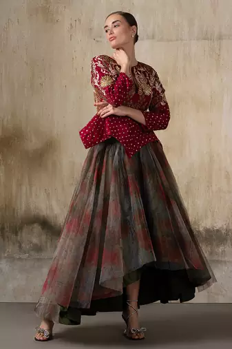 Wine embroidered organza jacket with multicolour skirt