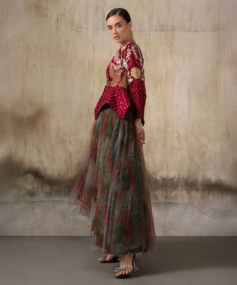 Wine embroidered organza jacket with multicolour skirt 3