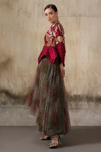 Wine embroidered organza jacket with multicolour skirt