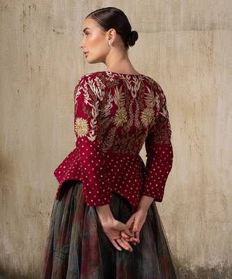 Wine embroidered organza jacket with multicolour skirt 4