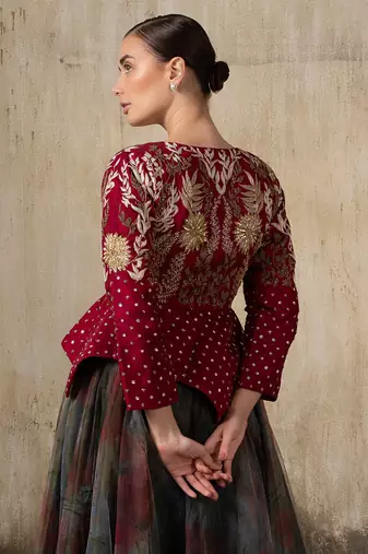 Wine embroidered organza jacket with multicolour skirt