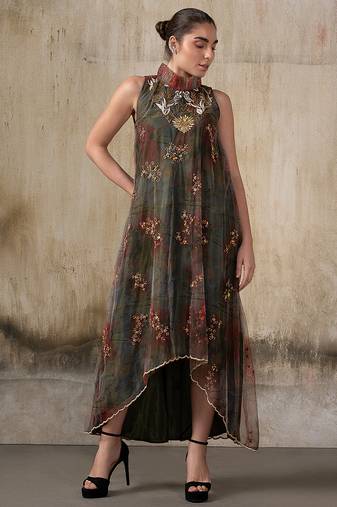 Olive embroidered net dress