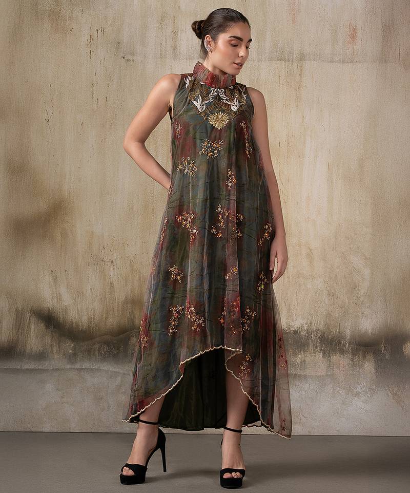 Olive embroidered net dress