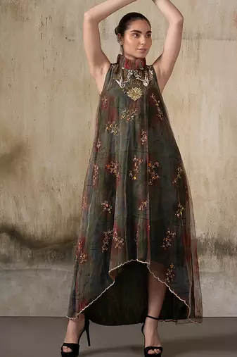 Olive embroidered net dress