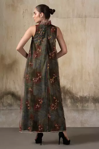 Olive embroidered net dress
