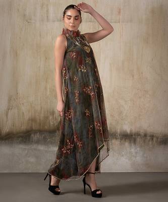Olive embroidered net dress 4