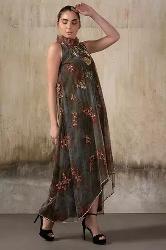 Olive embroidered net dress