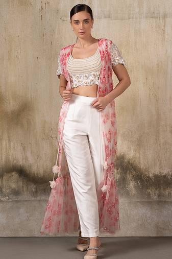Ivory embroidered co ord set with cape