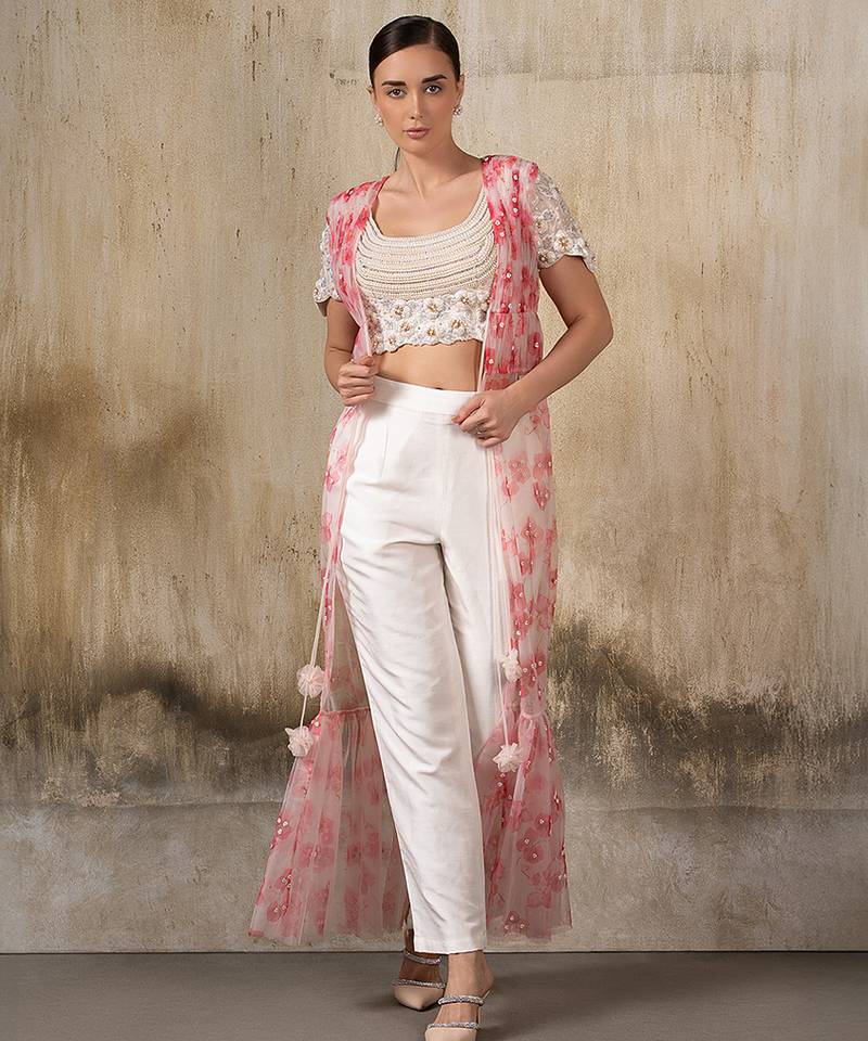 Ivory embroidered co ord set with cape