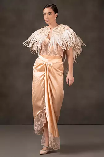 Peach plain silk skirt with embroidered blouse and cape