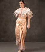 Peach plain silk skirt with embroidered blouse and cape