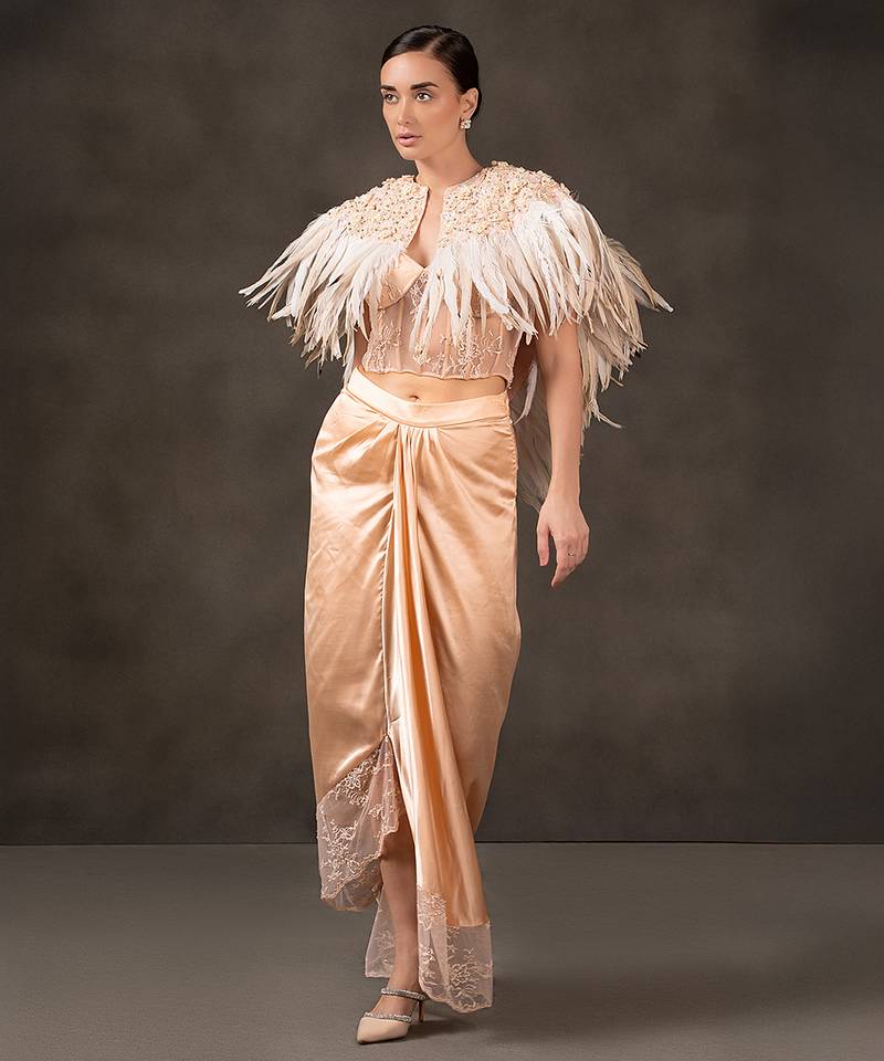 Peach plain silk skirt with embroidered blouse and cape